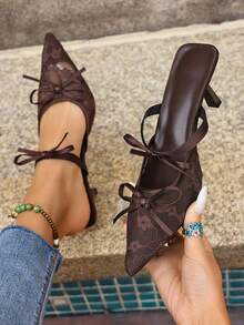 Women's Mesh Closed Toe Sandals, New Summer Hollow Pointed Toe Chunky Heel High Heels With Bowknot Strap, Elegant Slip-On Shoes