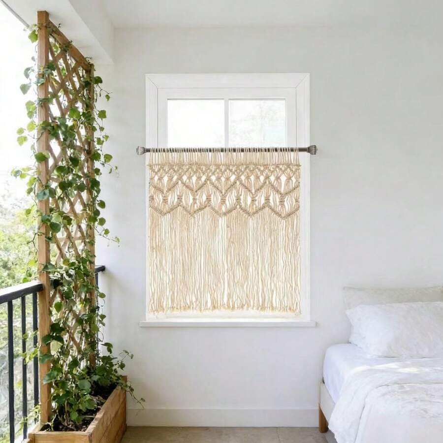 1pc Macrame Wall Hanging, Boho Style Kitchen/Bathroom Small Curtain, Handmade Woven Tassel Window Decor, Room Divider Short Door Curtain, Headboard Tapestry - Curtain Rod Not Included - Beige - View 1