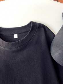 棉质数字67图案短袖中长款T恤，时尚休闲女式上衣 - 黑色 - 查看 4