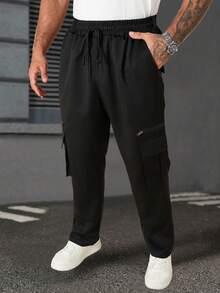 Plus Size Men's Casual Solid Color Cargo Pants - Black - View 7