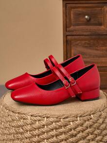 MonaNise Women's 3cm Cloth Covered Heel Black Fashion Versatile Navy Blue, Coffee, Burgundy Low Chunky Heel Elegant Mary Jane Shoes - Red - View 5