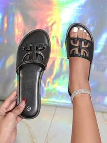 Korean Style Solid Color Flat Slippers For Women, Round Toe, Breathable, Slip-On, Home Slippers - Black - View 13