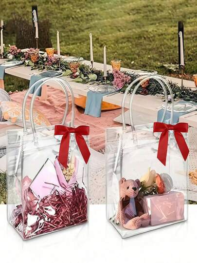 5/10/20pcs - Clear Plastic Gift Bags With Handles, Reusable Party Favor Bags With Ribbon Bow, Clear Gift Wrapping Bags For Weddings, Birthdays, BabyShowers, Valentine's Day, Anniversary(Red)