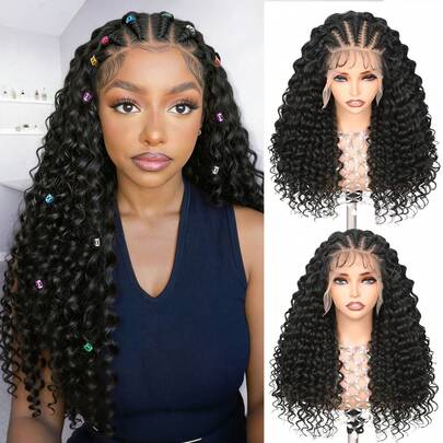 Peluca de encaje frontal sin pegamento - Peluca de encaje frontal con trenzas de cornrows para mujeres, cabello sintético largo y voluminoso con ondas profundas y trenzado en la parte superior, cabello sintético resistente al calor con línea del cabello previamente desbrozada, peluca de encaje frontal 13x6 - Peluca para uso diario y eventos especiales, accesorio de moda