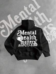 Mental Health Matters(250g Polyester Fiber) Fashionable Men's Casual Long-Sleeve Crew Neck  Hooded Sweatshirt, Suitable For Outdoor Sports, Ideal For Autumn And Winter With Prints. - 黑色 - 查看 2