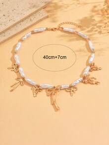1pc Elegant Versatile Long Faux Pearl CCB Beaded Clavicle Chain, Romantic Alloy Bow Pendant Necklace, Fashion Jewelry For Women, Suitable For Daily Wear And Party/Date - Multicolor - View 4