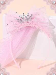 1 tiara de tule rosa com coroa, pérolas artificiais e strass, acessório elegante para daminhas de honra e lembrancinhas de festa infantil.