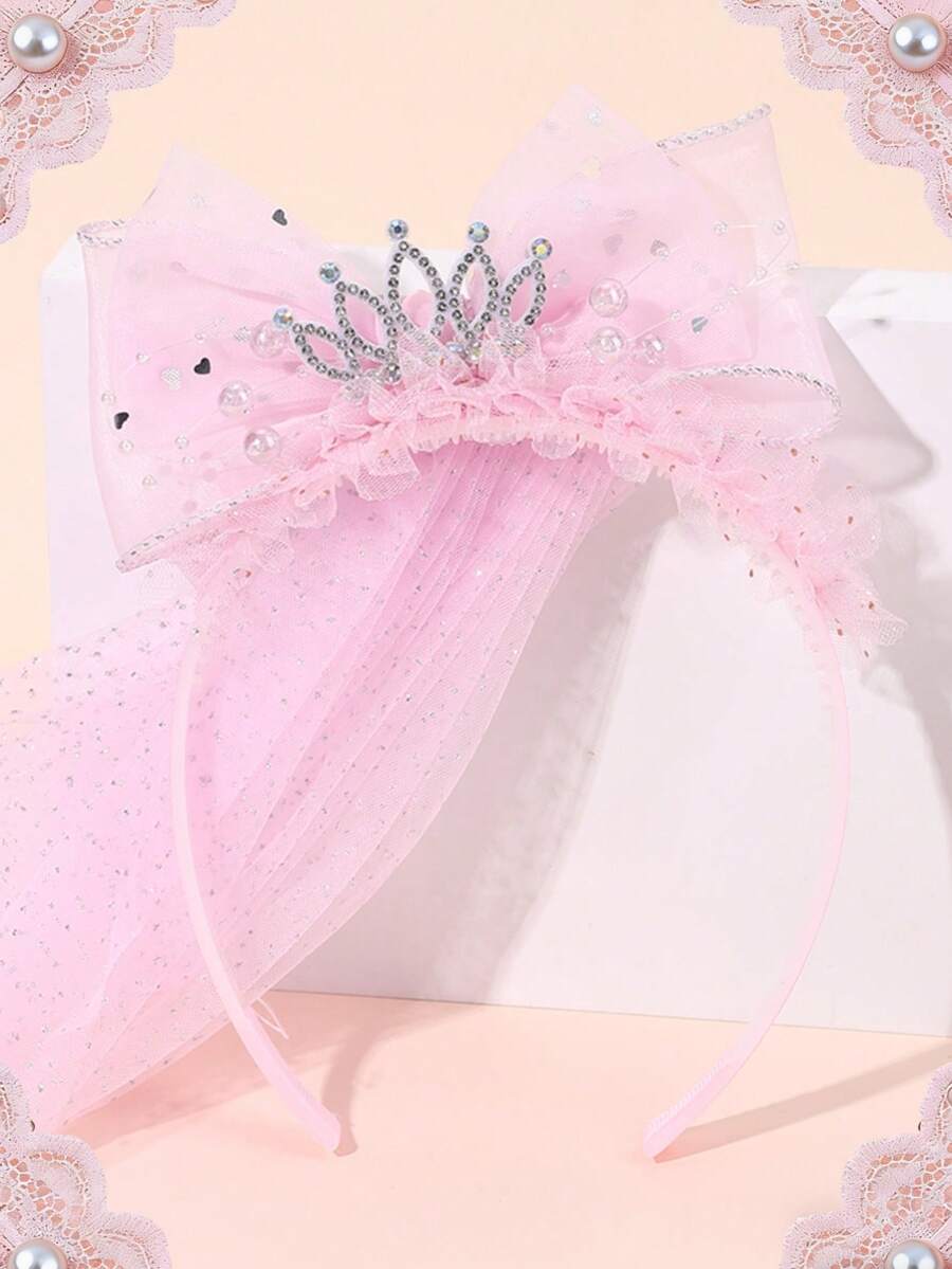 1 tiara de tule rosa com coroa, pérolas artificiais e strass, acessório elegante para daminhas de honra e lembrancinhas de festa infantil.