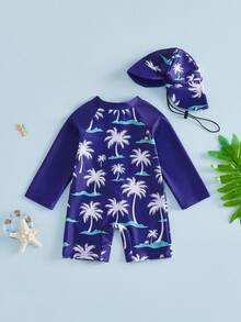 Trajes de baño para bebés y niños pequeños, mono de manga larga con estampado de cocoteros y gorro, 2 piezas - Azul profundo - Ver 2