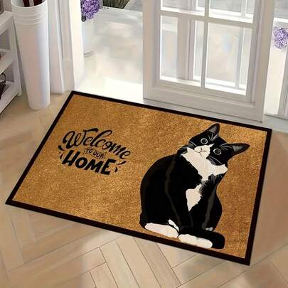1pc Retro Style Black White Cat Pattern Entryway Welcome Carpet, Comfortable Foot Feeling, Crystal Polyester Fabric Velvet 850g/㎡ Silicone Non-Slip Bottom Multi Size Home Entrance Mat