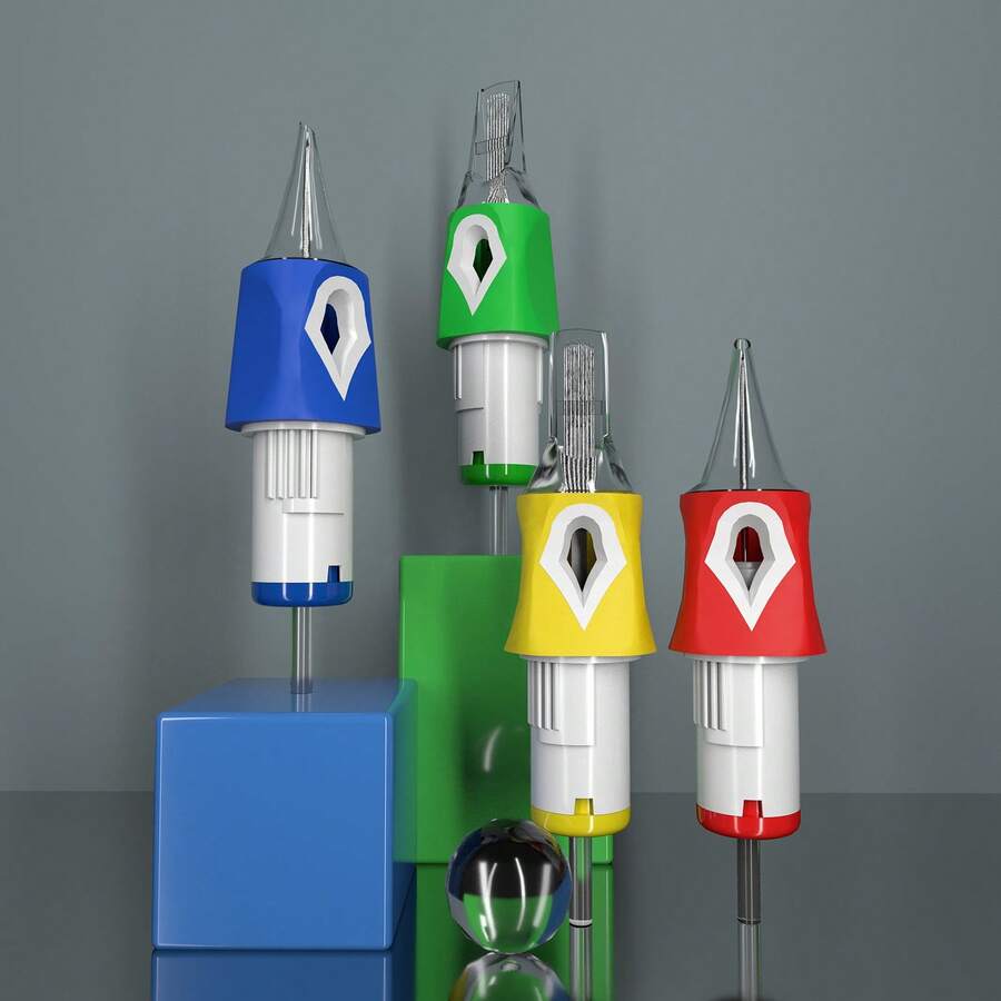 20 cartuchos de agulhas para tatuagem - Agulhas redondas padrão para contorno, adequadas para máquinas de tatuagem rotativas tipo caneta, alta qualidade e duráveis, cores sortidas (azul, vermelho) - Suprimentos profissionais para tatuagem, embalagem vibrante, com grips de silicone e ponteiras de alta qualidade.