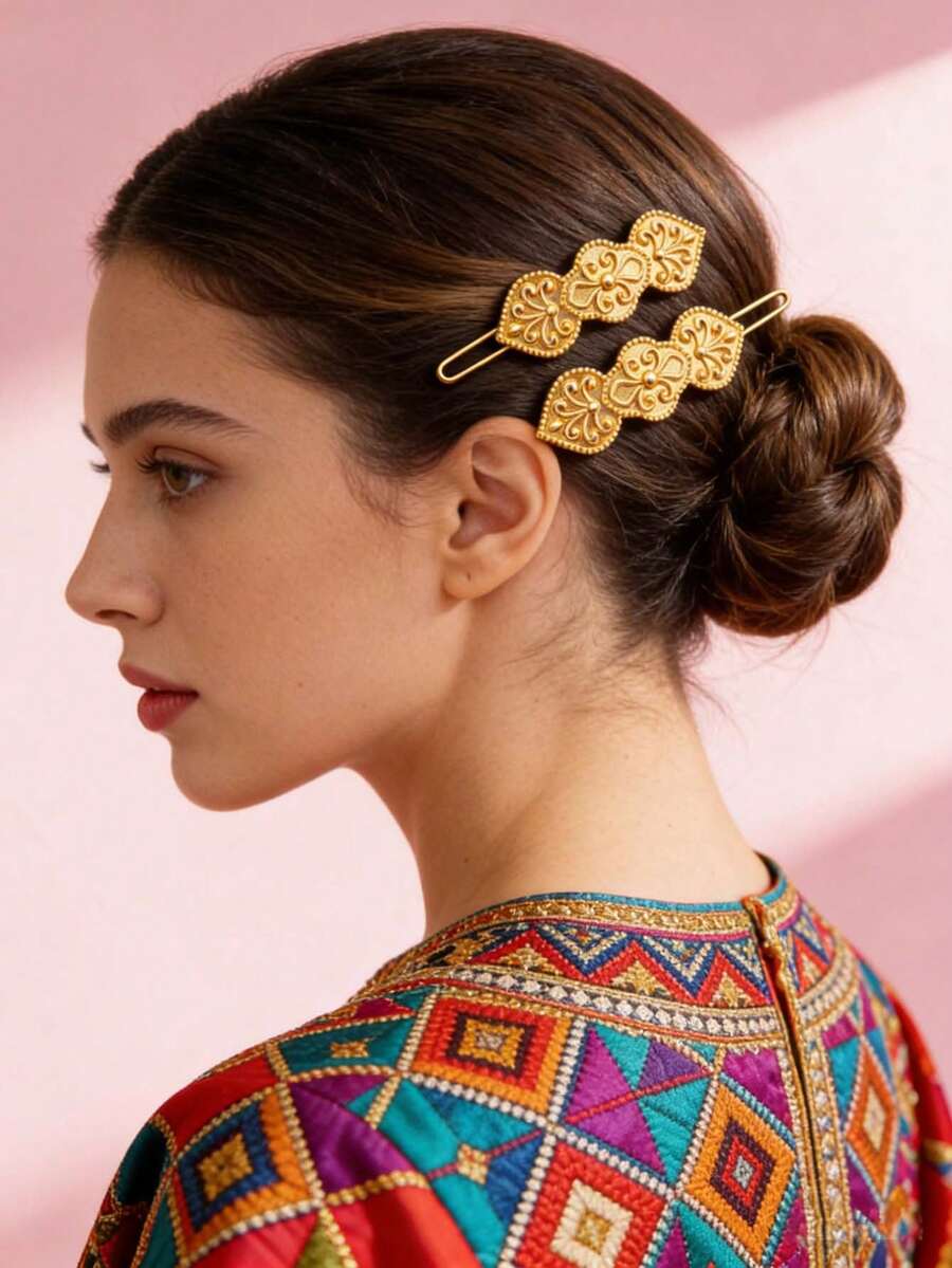 1 Pair Small Size Engraved Golden Metal Hair Clips, Suitable For Middle Eastern Ramadan, Daily, Festival, Wedding, Party Wear, Jewelry Hair Accessories, New Year Gift - Yellow - View 1