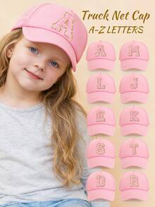 1pc Gold Trim Pink Towel Letter 26 Alphabet Children Baseball Cap, Fashionable Versatile Breathable Trucker Hat, Suitable For Girls Back To School Season Daily Outings Sun Protection - Pink - View 1