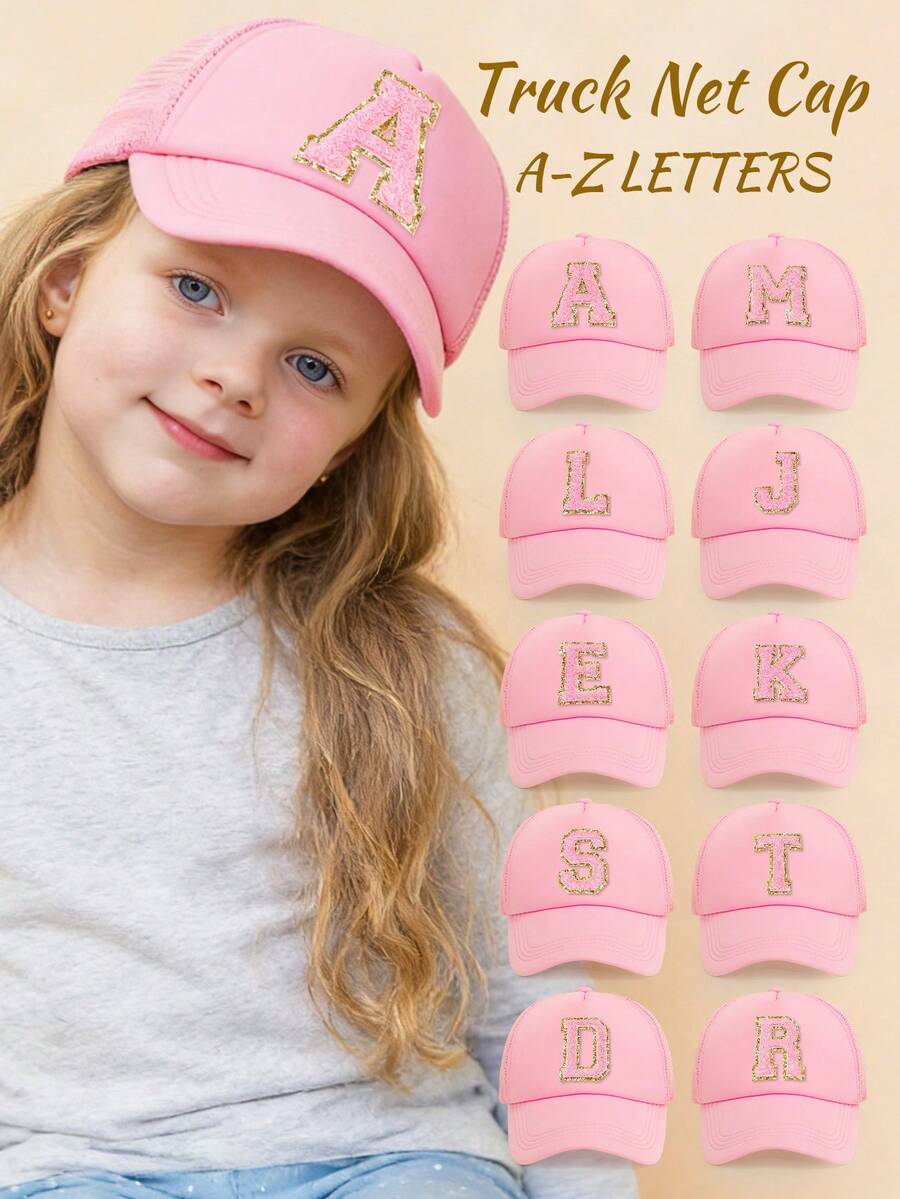 1pc Gold Trim Pink Towel Letter 26 Alphabet Children Baseball Cap, Fashionable Versatile Breathable Trucker Hat, Suitable For Girls Back To School Season Daily Outings Sun Protection - Pink - View 1