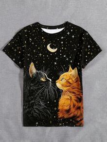 DEAR MOLLY Women's Casual Cute Cat & Starry Night Design Print Long Sleeve T-Shirt, Animal Pattern Round Neck Tee Suitable For All Seasons, Holiday & Daily Wear, Gift For Her On Valentine's Day - Multicolor - View 5