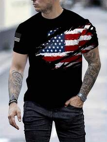 Men's Patriotic American Flag 3d Print T-Shirt - Black With Red, White &  Design, Lightweight Crew Neck Short Sleeve Tee For Summer Outdoor Activities, Casual & Athletic Wear, Machi - 混合色 - 查看 2