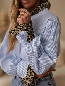 1pc Polyester Striped & Leopard Print Patchwork Button Down Collared Shirt, Suitable For Vacation, Spring/Autumn - Blue - View 4