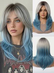 20英寸合成纤维渐变蓝色蝴蝶发型长直层次假发，带刘海，适合日常佩戴和派对。 - 漸層藍色 - 查看 2