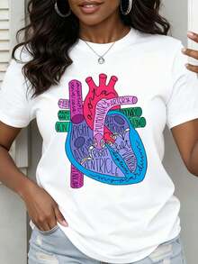 Anatomical Heart Diagram T Shirt For Women Medical Student Gift Anatomy Artwear Educational Design Cardiology Theme Casual Wear - 白色 - 查看 1