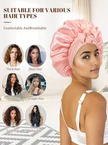 Satin Bonnet Satin Bonnet For Sleeping Satin Sleep Cap Double Layer Hair Bonnet With Elastic Tie Band For Curly Hair Night Cap (Apricot Powder+Champagne) - 粉色 - 查看 7