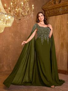 UNITHORSE Plus Size Women Square Neck Extra Long Sleeve Embroidered Fitted Linen Knit Evening Dress Wedding Party Spring Fall - Olive Green - View 1
