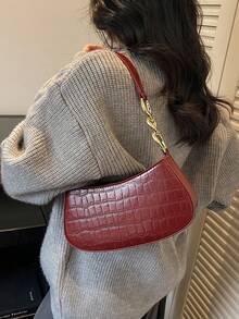 新款时尚纯色PU女士手提包，多功能优雅腋下包/单肩包，适合大学、通勤、购物、散步、日常使用 - 酒紅色 - 查看 6