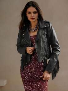 Giolshon Women Faux Leather Fringe Street Style Short Jacket - Best Choice For Autumn/Winter, With Belt