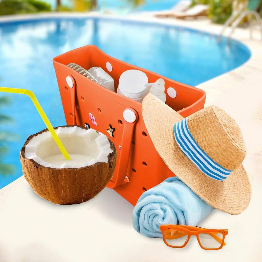 2025 Summer New EVA Rubber Tote Bag, Waterproof Beach Bag, Travel Bag, Shopping Bag, Easy To Clean, Stable And Durable | Suitable For Shopping, Travel, Party And Outdoor Activities | Beach, Seaside, Gift For Lover, Mother - 橘色 - 查看 1