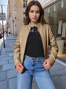 Giolshon 女士秋冬 PU 皮革夹克，街头风格设计，带拉链口袋，适合城市通勤和旅行，兼具时尚与实用性。 - 卡其色 - 查看 5