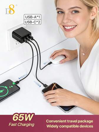 Kit de chargeur rapide D8 65W/50W/30W à 3 ports de sortie USB-A et Type-C. Compatibilité étendue, charge rapide, portable, compact et léger. Ensemble de charge rapide adapté pour les femmes et les filles, compatible avec 15 14 13 Pro Max, Galaxy S24 S23 Ultra, Mate 60 Pro, 14, Oppo Reno 10, Vivo X100, iPad Pro Air, ordinateurs portables et tablettes