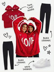 Valentines Day Essential, Bestie/Couple Matching, Women's Double-Layer Hooded Long Sleeve Sweatshirt With Pockets, One Size Fits All, Fleece Lining For Warmth, Slogan Letter Print, Suitable For Autumn, Winter & Spring, Versatile For Vacation/School/Home/Daily/Streetwear/Photo Shoots, Minimalist/Y2K/Casual/Collegiate/Streetwear/Office/Cute/, Valentine's Day/New Year/Easter/Ramadan, Women's Autumn Clothing, Women's Winter Clothing, Valentine's Day Outfit, New Year Women's Clothing Combo, Fashionable Printed Hoodie, Women's Hooded Sweatshirt - Red - View 7