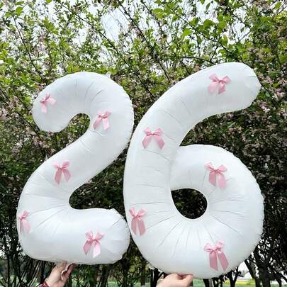 Bộ 1 quả bóng bay lá kim loại màu trắng 32 inch và 5 chiếc nơ màu hồng kết hợp, thích hợp cho trang trí tiệc cưới, sinh nhật, kỷ niệm, tốt nghiệp, ngày lễ tình nhân, tiệc Giáng sinh