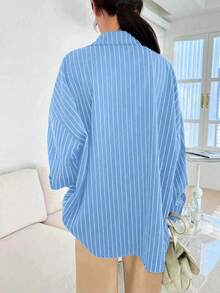 女士条纹印花翻领休闲衬衫 - 淺藍色 - 查看 4