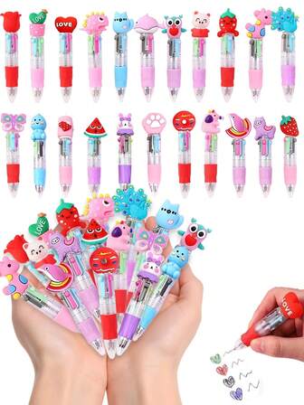 5pcs-Valentines Mini Cartoon Ballpoint Pen Set - Fun Ballpoint Pen 4 Colors In One Multicolor Retractable Pens, , 0.7mm Cute Animal Multicolor Pens Retractable, Silicone Grip, Perfect For Holiday Birthdays, Valentines Stationery Party Favors, School Supplies, Students Rewards, Office Writing Supplies, Classroom Prizes, Party Gifts