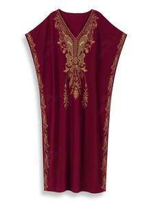 Đầm Kaftan màu đỏ rượu vang dành cho nữ cỡ lớn, cổ chữ V, thêu vàng, tay ngắn, dáng rộng, thoải mái, thích hợp mặc đi biển nghỉ mát. - Đỏ - Xem 2