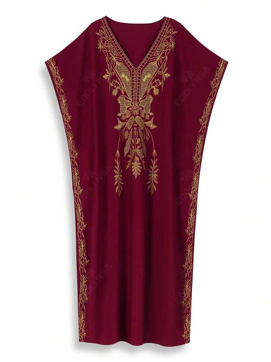 Đầm Kaftan màu đỏ rượu vang dành cho nữ cỡ lớn, cổ chữ V, thêu vàng, tay ngắn, dáng rộng, thoải mái, thích hợp mặc đi biển nghỉ mát.