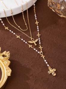 1 Set Vintage Women's Cross & Pearl Necklace, Ankh Cross, Hollow Heart Cross, Faux Pearl Clover Y-Necklace, Unique Design Women's Long Necklace, Valentine's Day Gift, Gift For Christian Women, Suitable For Daily Commute, Gathering With Friends, Fashion Photoshoot, Party Decoration, Holiday Decoration, Charming Jewelry Gift - Gold - View 2