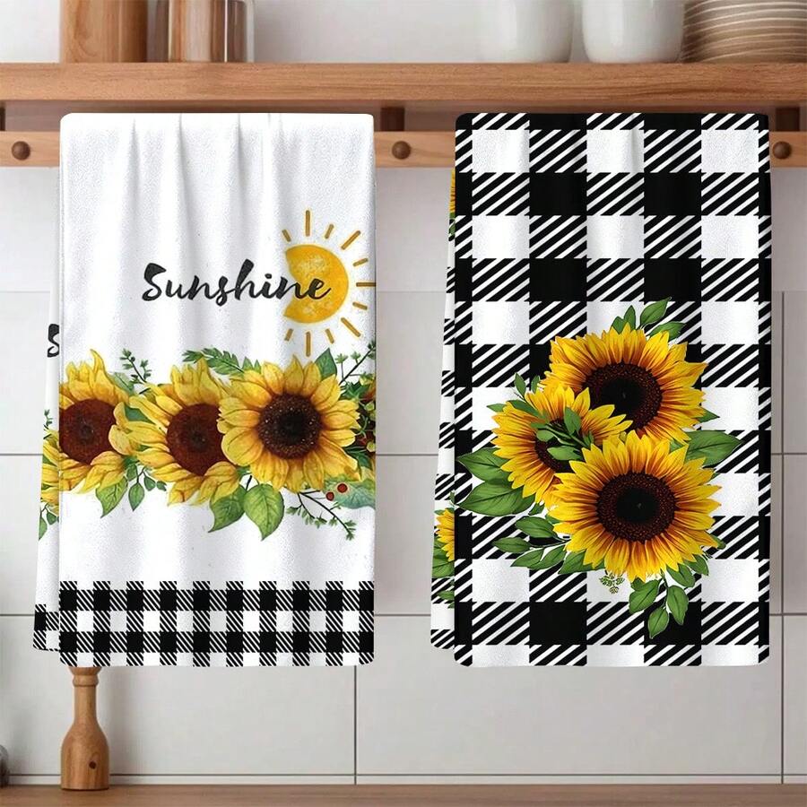 2/4 Pcs Sunflower Plaid Pattern Printed Super Absorbent Microfiber Dish Towels, Suitable For Cooking, Baking, Washing Dishes, Cleaning, Kitchen Decor, Gifts For Neighbors, Mothers, Birthdays, Housewarming For Friends, Kitchen Essentials, Daily Necessities - Multicolor - View 1