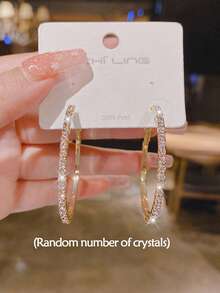 topshiny 1 Pair Gold & Silver Hoop Earrings, Exaggerated Elegant Design, Suitable For Parties, Gift For Girls (Random Crystal Quantity) - Yellow Gold - View 4