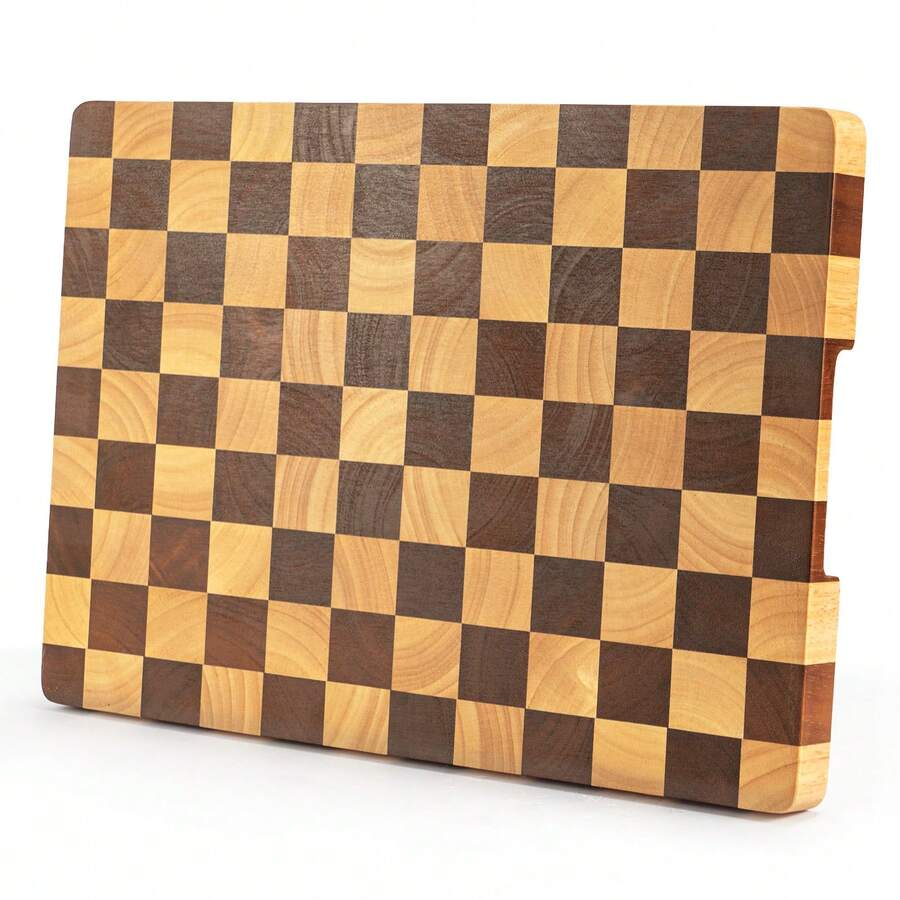 1pc Checkered Cutting Board – Made Of Durable Rubber Wood – Rectangular Vintage Design – Thickened For Heavy-Duty Use – Ideal For Chopping Vegetables And Home Kitchen Prep - Brown - View 1