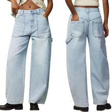 Women Ankle Jeans Wide Leg Baggy Boyfriend Mid Rise Cropped Denim Pants - 淺藍色 - 查看 1