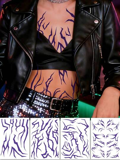 4 Sheets Glow In The Dark / UV Light Purple Tattoo Stickers, Movie Hunter Temporary Tattoo Stickers, Kpop Purple Cosplay Accessories,Dance Cosplay Tattoos Stickers Prop,Perfect For Cosplay, Y2K Tattoo Sticker