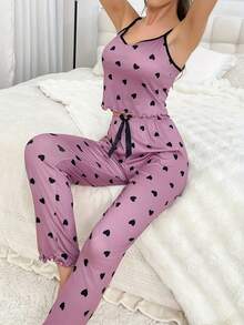 2pcs Heart Print Camisole Top And Pants Pajama Set For Women - Purple - View 3