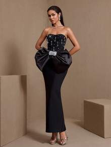 Damen Abendkleid mit Taillenschleife und Kunstperlen, strapless, für formelle Anlässe, Partys, Hochzeiten, Schwarz, Frühling - Schwarz - Übersicht 6