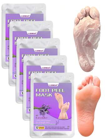 5 pares de mascarilla para pies con lavanda y aloe vera - Exfoliante, hidratante y nutritiva con ácido láctico, urea y ácido málico, suaviza los pies ásperos y los deja suaves de color beige claro - Calcetines esencia, cuidado de los pies, nutritivo, máscara exfoliante, accesorios de pedicura, diseño de ingredientes naturales, máscara hidratante para pies, máscara para pies para la piel muerta, producto de cuidado de los pies, máscaras para pies, máscara exfoliante para pies