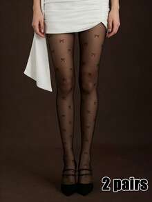 1/2/3双装女士性感蝴蝶结透明连裤袜，时尚黑色丝袜，百搭紧身裤，轻盈打底裤，适合日常穿着 - 黑色 - 查看 16