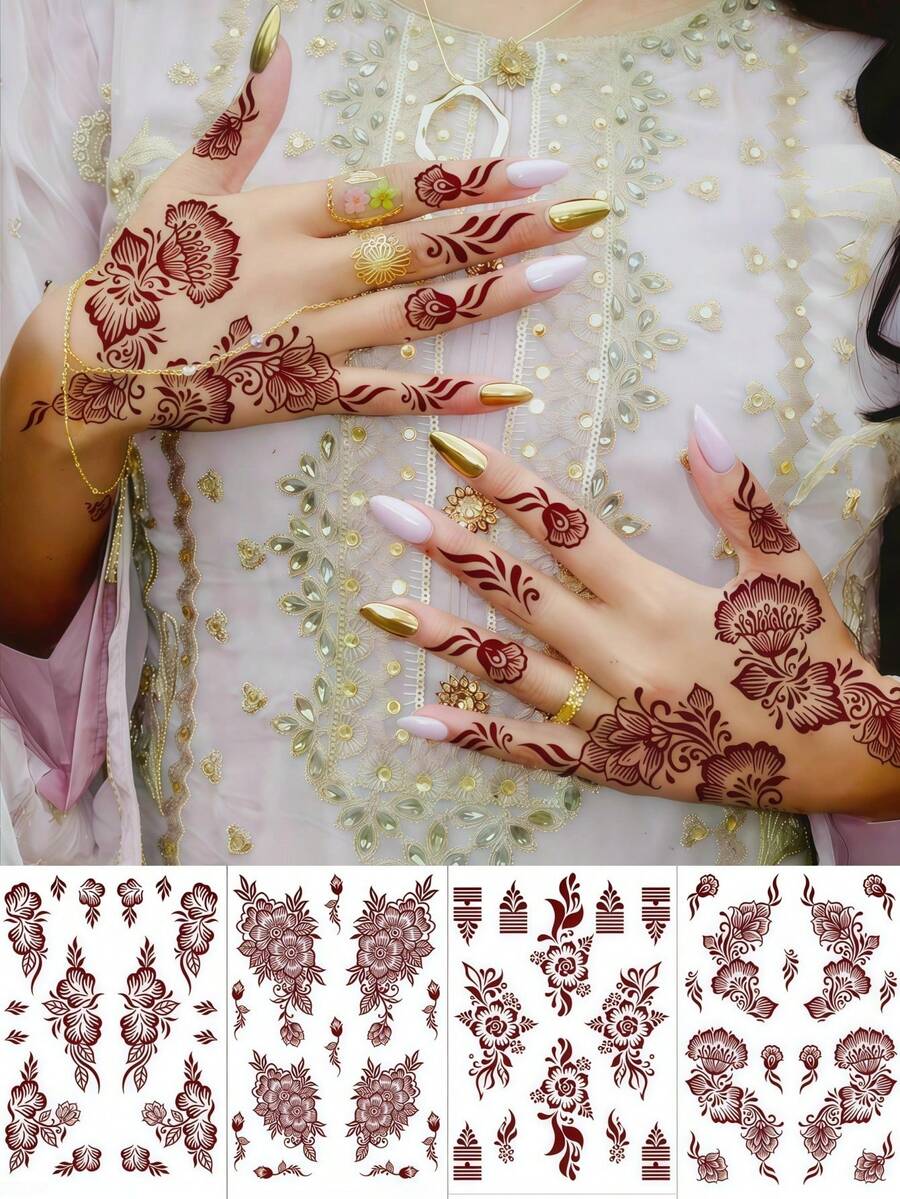 4 arkusze tatuażu z henny na rękę, brązowa henna, tymczasowe tatuaże, wodoodporne naklejki z mandalą, szablony z henny, tatuaż mehndi, czerwony, seksowne dekoracje ramadanowe na festiwal, wesele, walentynki - Brązowy - Zobacz 1