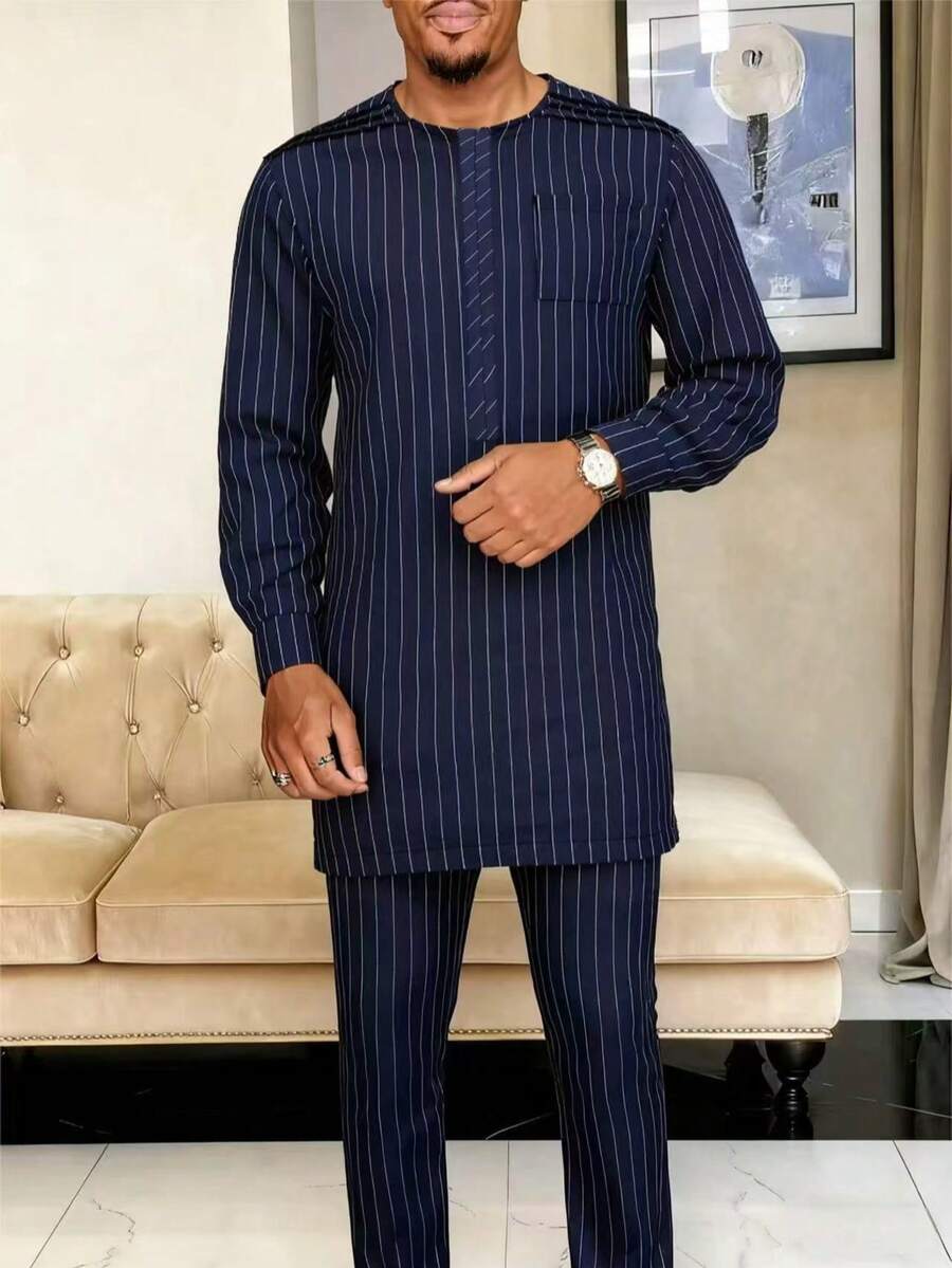 2024 New Men's Summer Solid Color 2-Piece Set, Long Sleeve Round Neck Striped Business Shirt And Casual Pants Suit - Royal Blue - View 1