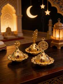 1 Set Vintage Arabic Style Metal Incense Burner, Retro Gold Incense Holder Rack, Incense Ash Catcher Bowl, Desktop Miniature, Home Decor, Room Decor, Tabletop Decor, Creative Home Fragrance Gift - Gold - View 6