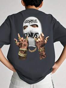 1 pieza Camiseta con estampado de eslogan y máscara, estilo casual para adolescentes, conjunto popular de primavera/verano para la escuela - Gris Oscuro - Ver 1